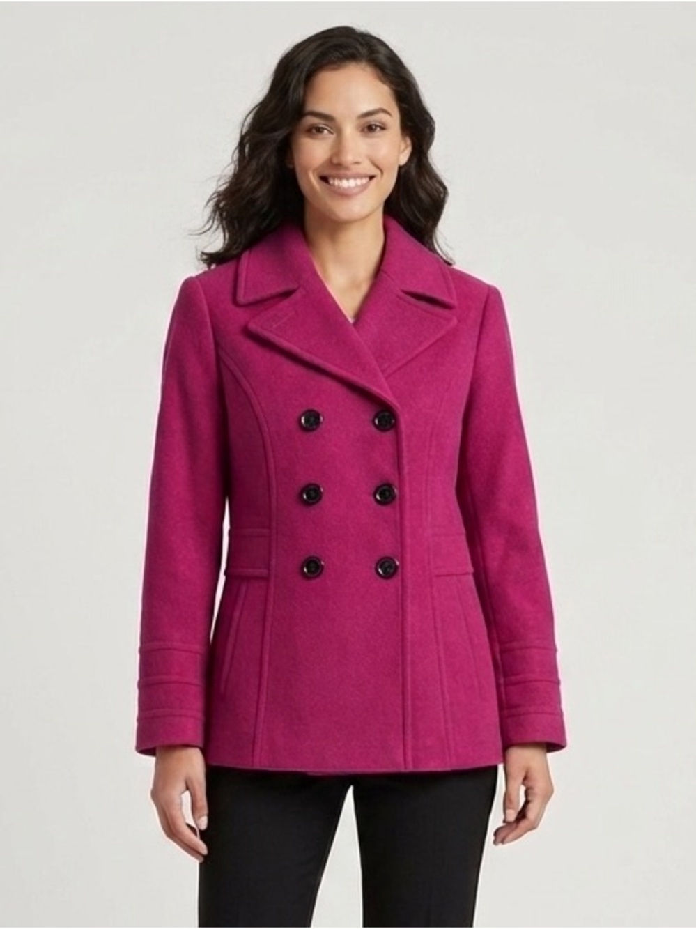 St. John's Bay Fuchsia Pink Double-Breasted Wool Cashmere Pea Coat - Picture 1 of 5